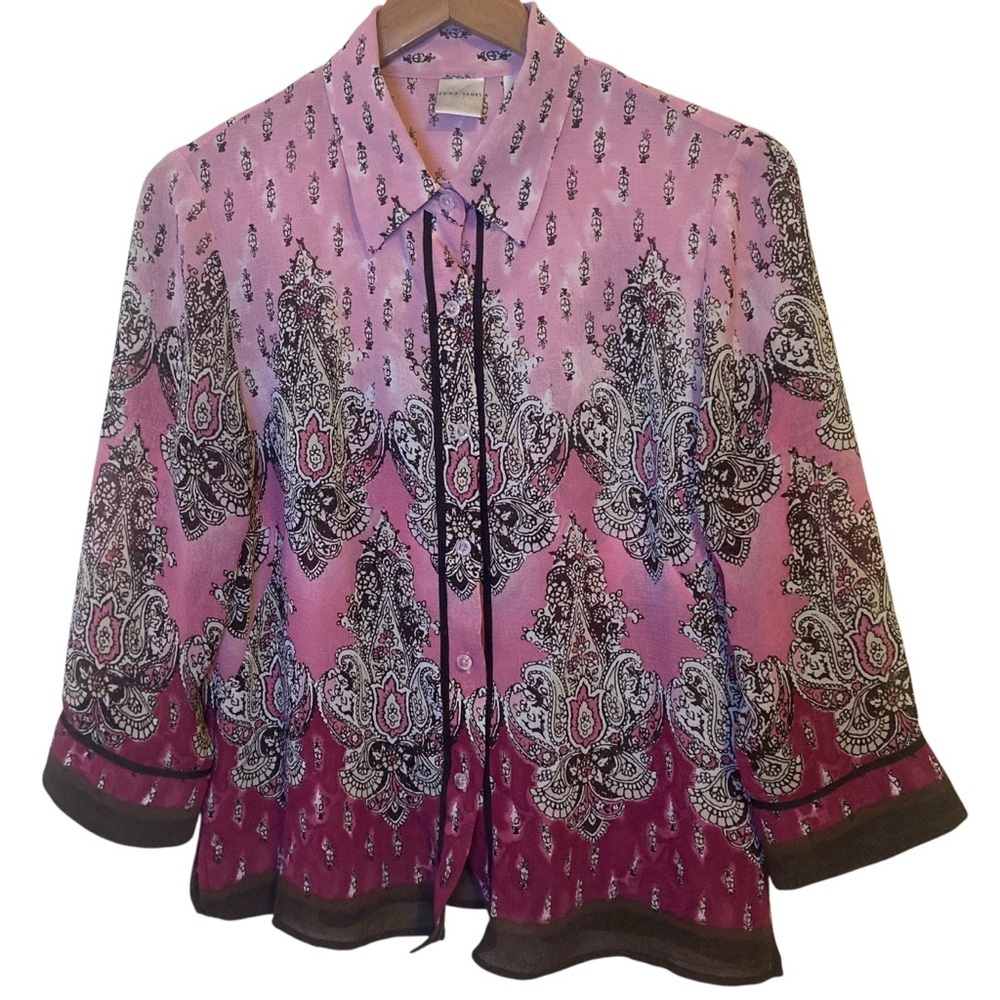 Emma James Pink Paisley Sheer Blouse Size 6 3/4 Sleeve Button Front